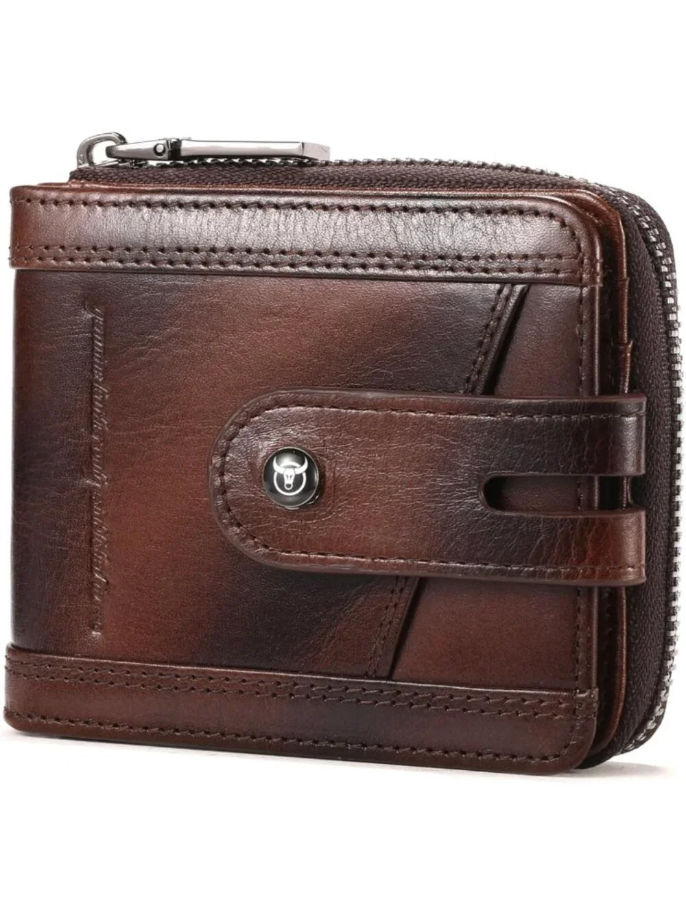 Stylish Genuine Leather Men's Wallet with Zipper Closure - Coffee Color, RFID